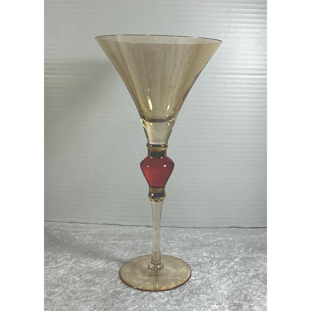 VTG European Art Glass Tall Red Jewel Martini Amber Gold Red Stem 10"
